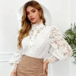 New Women's Long Sleeve High Neck  Chic Blouse, Lace Paneled Hollow Sleeve Elegant Top, Vintage Fashion Office Lady Outfits - Image 2