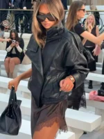 TFMLN Chic Black Faux Leather Jackets Women Long Sleeve Buttons Elastic Oversized Coats Fashion 2025 Autumn Winter Streetwear - Image 2
