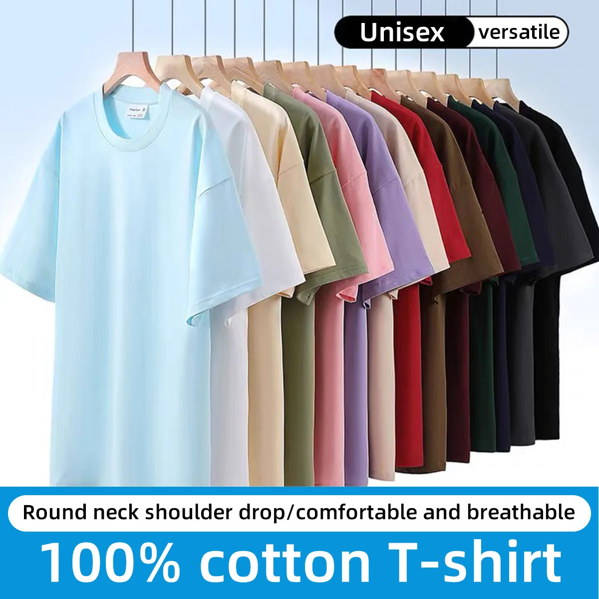 S0f23b0fb4b8a48739fb4fa0c627eca961.webp 100% Pure Cotton T-Shirt With Round Neck Shoulder Design For Both Men Women Summer Solid Color Short Sleeved Casual Loose Fit - Image 1
