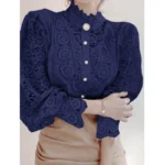 New Women's Long Sleeve High Neck  Chic Blouse, Lace Paneled Hollow Sleeve Elegant Top, Vintage Fashion Office Lady Outfits - Image 13