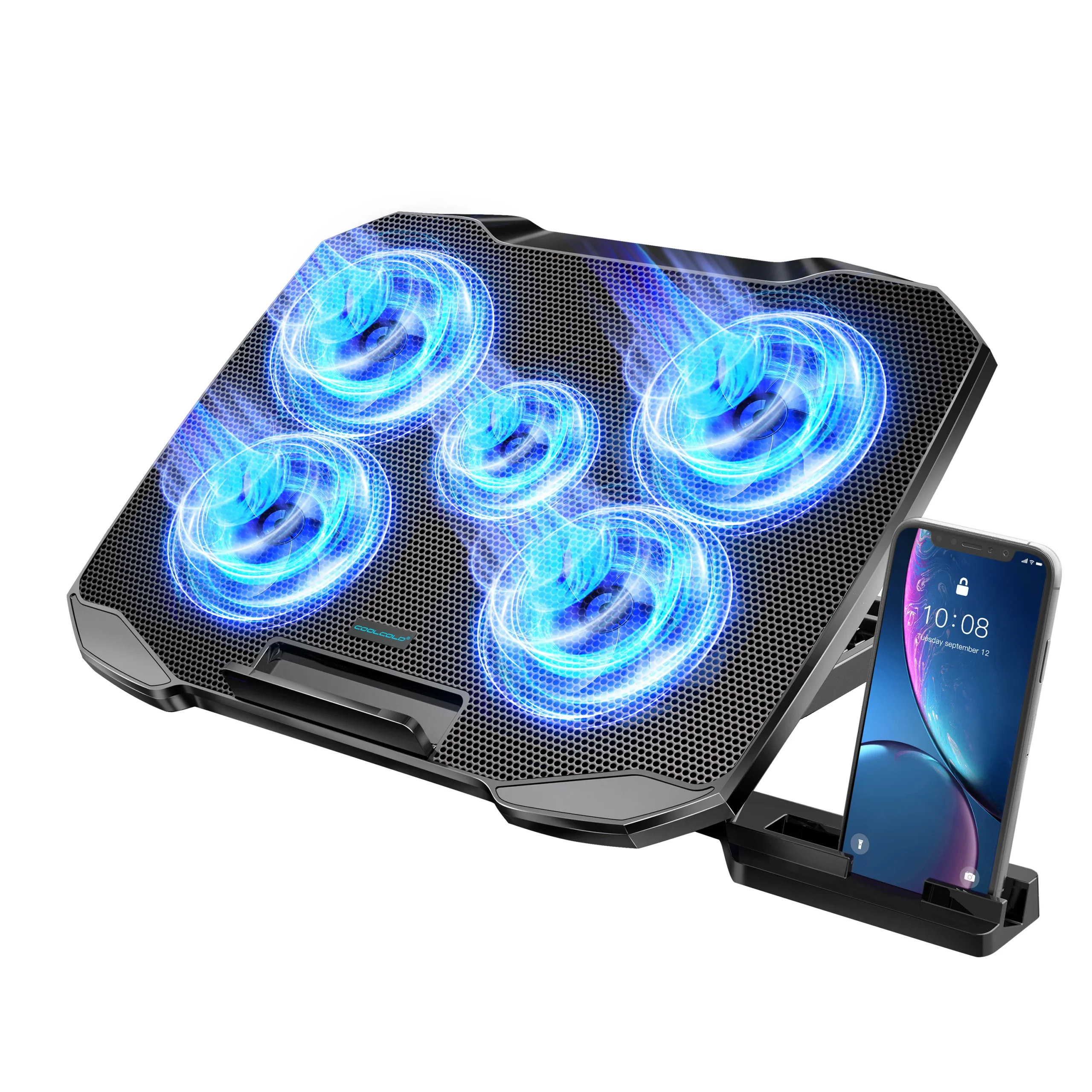 S3e873271946744c496a445d5f04caba4e.webp COOLCOOLD Laptop Cooling pad for 12-17 Inch Laptop Cooler Stand, 5 quiet fans, 5 Angle Adjustable with phone holder - Image 1
