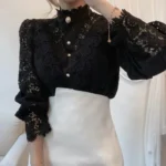 New Women's Long Sleeve High Neck  Chic Blouse, Lace Paneled Hollow Sleeve Elegant Top, Vintage Fashion Office Lady Outfits - Image 9
