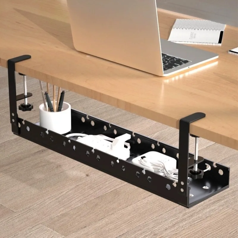 S4a39853cbcfa42f586f0f05327123c50V.webp Under Desk Cable Management Tray No Drill Iron Power Strip Holder Wire Cord Organizer Clamp Mount for Home Office Desk - Image 1
