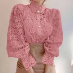 New Women's Long Sleeve High Neck  Chic Blouse, Lace Paneled Hollow Sleeve Elegant Top, Vintage Fashion Office Lady Outfits - Image 11
