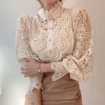 New Women's Long Sleeve High Neck  Chic Blouse, Lace Paneled Hollow Sleeve Elegant Top, Vintage Fashion Office Lady Outfits - Image 5