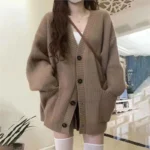 Korean version V-collar lazy wind cardigan Japanese department simple sweater female spring and autumn winter casual loose knit - Image 2