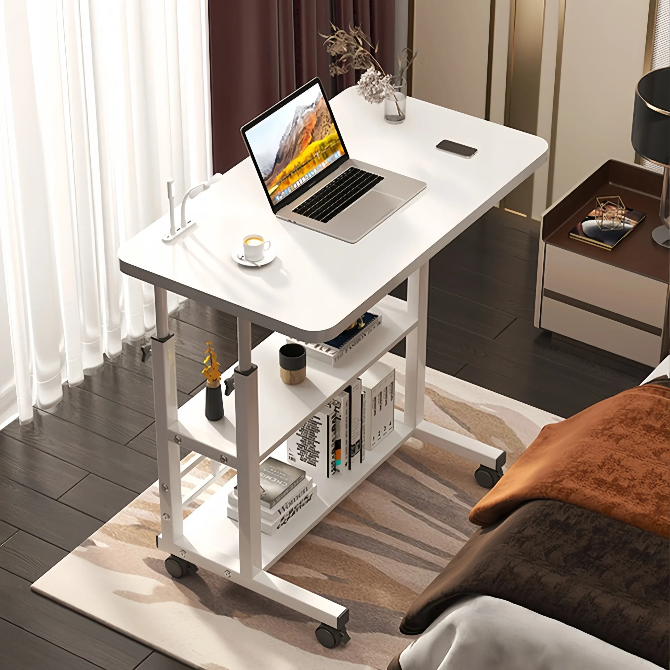S8b67e44a8adf4f4387e74bed6b79d55ab.webp 이동식 사이드 테이블 높이조절 책상 Mobile Bedside Table, Household Lifting Computer Desk - Simple Double-layer Small Office Desk -80x40 - Image 1