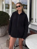 HH 2026 Casual Women's Soild Zipper Hoodie Long Sleeve Big Pocket Zipper Jacket With Hood Female Loose Outerwear Coat Tops - Image 2