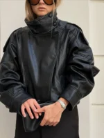 HH Autumn Faux Leather Jacket For Women Casual Solid Long Sleeve Zipper Pu Leather Coats New Fashion Female Streetwear