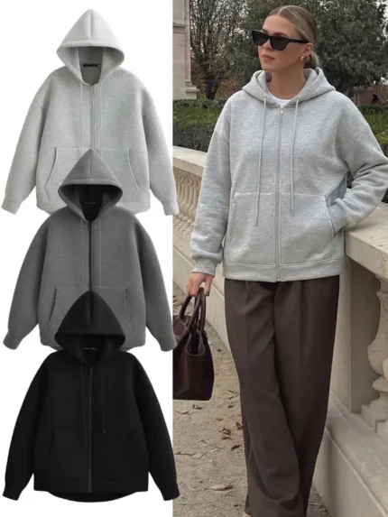 HH 2026 Casual Women's Soild Zipper Hoodie Long Sleeve Big Pocket Zipper Jacket With Hood Female Loose Outerwear Coat Tops