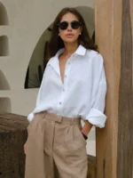 Bornladies 100% Cotton Spring Summer Versatile Lazy Casual Shirt Women's Fashionable Solid Color Loose Shirt Cardigan Shirt - Image 3