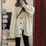 Korean version V-collar lazy wind cardigan Japanese department simple sweater female spring and autumn winter casual loose knit - Image 6